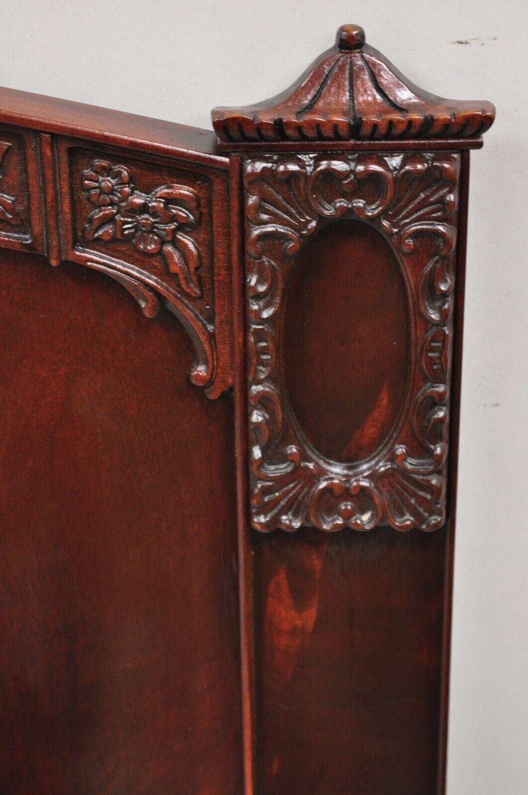 Vintage Chinese Chippendale Flame Mahogany Full Size Carved Pagoda Bed Frame 7