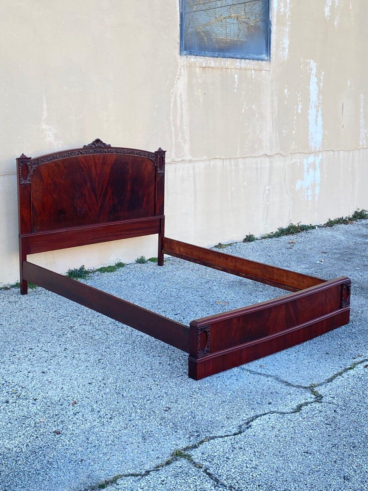 Vintage Chinese Chippendale flame mahogany full size carved pagoda bed frame. Item features carved pagodas to headboard, beautiful wood grain, nicely carved details, very nice antique item, quality American craftsmanship, great style and form,