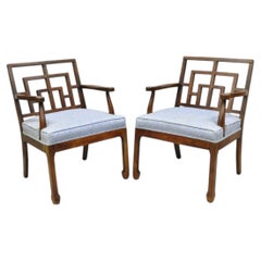 Vintage Chinese Chippendale James Mont Style Fretwork Lounge Arm Chairs - a Pair