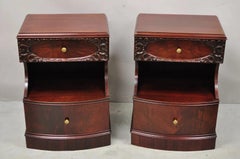 Vintage Chinese Chippendale Mahogany 2 Drawer Nightstands Bedside Tables - Pair