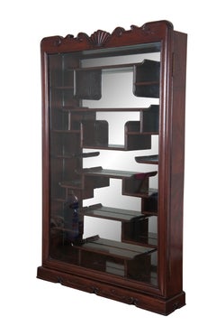 Vintage Chinese Chippendale Mahogany Mirrored Etagere Shelf Curio Cabinet 33"