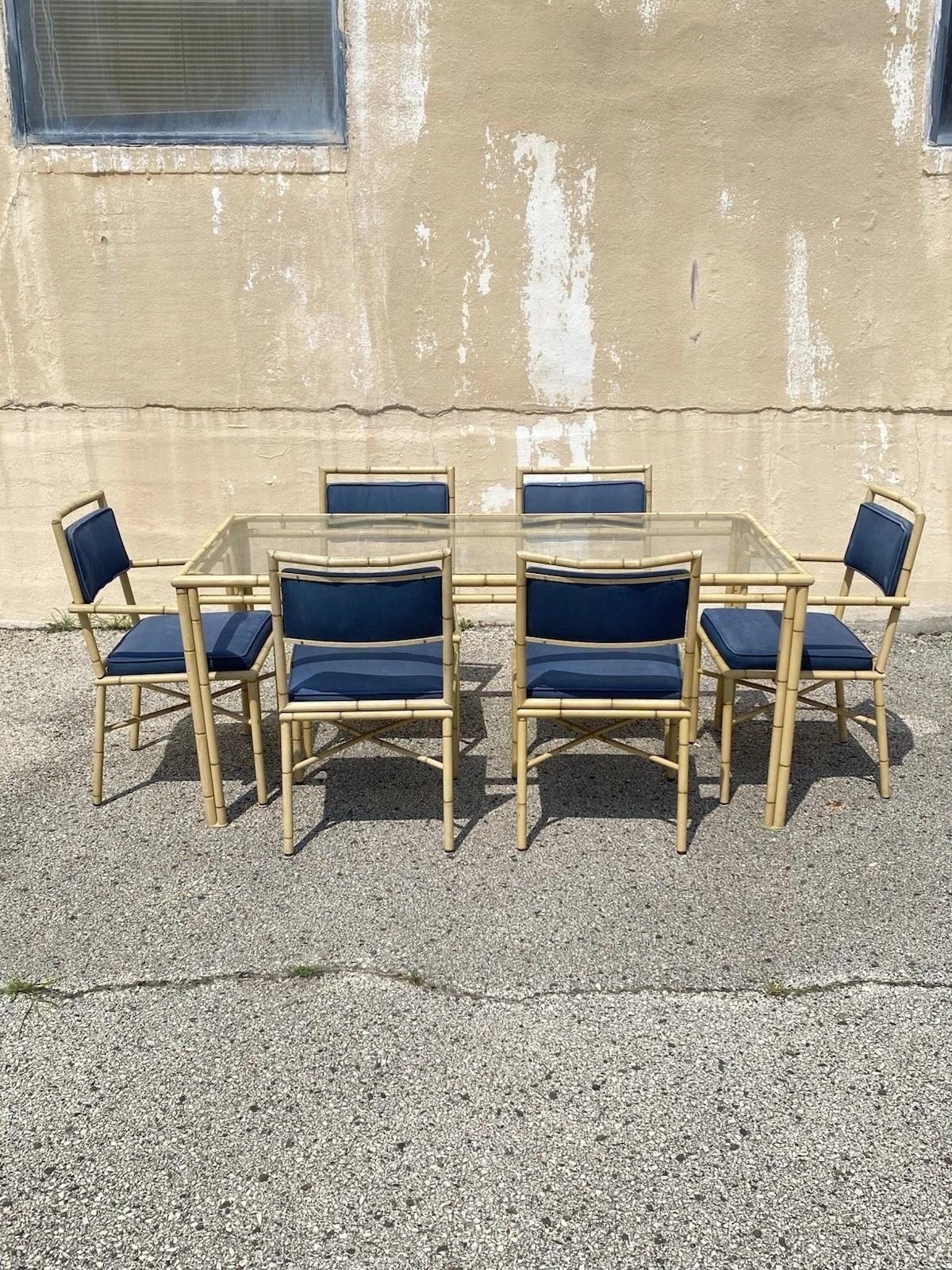 Vintage Chinese Chippendale Metal Cast Aluminum Faux Bamboo Dining Set 7 Pc Set For Sale 4