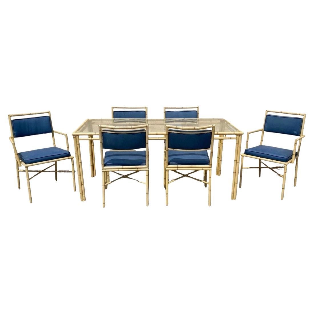 Vintage Chinese Chippendale Metal Cast Aluminum Faux Bamboo Dining Set 7 Pc Set For Sale