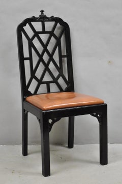 Vintage Chinese Chippendale Pagoda Fretwork Black Lacquer Dining Chair, Set of 4