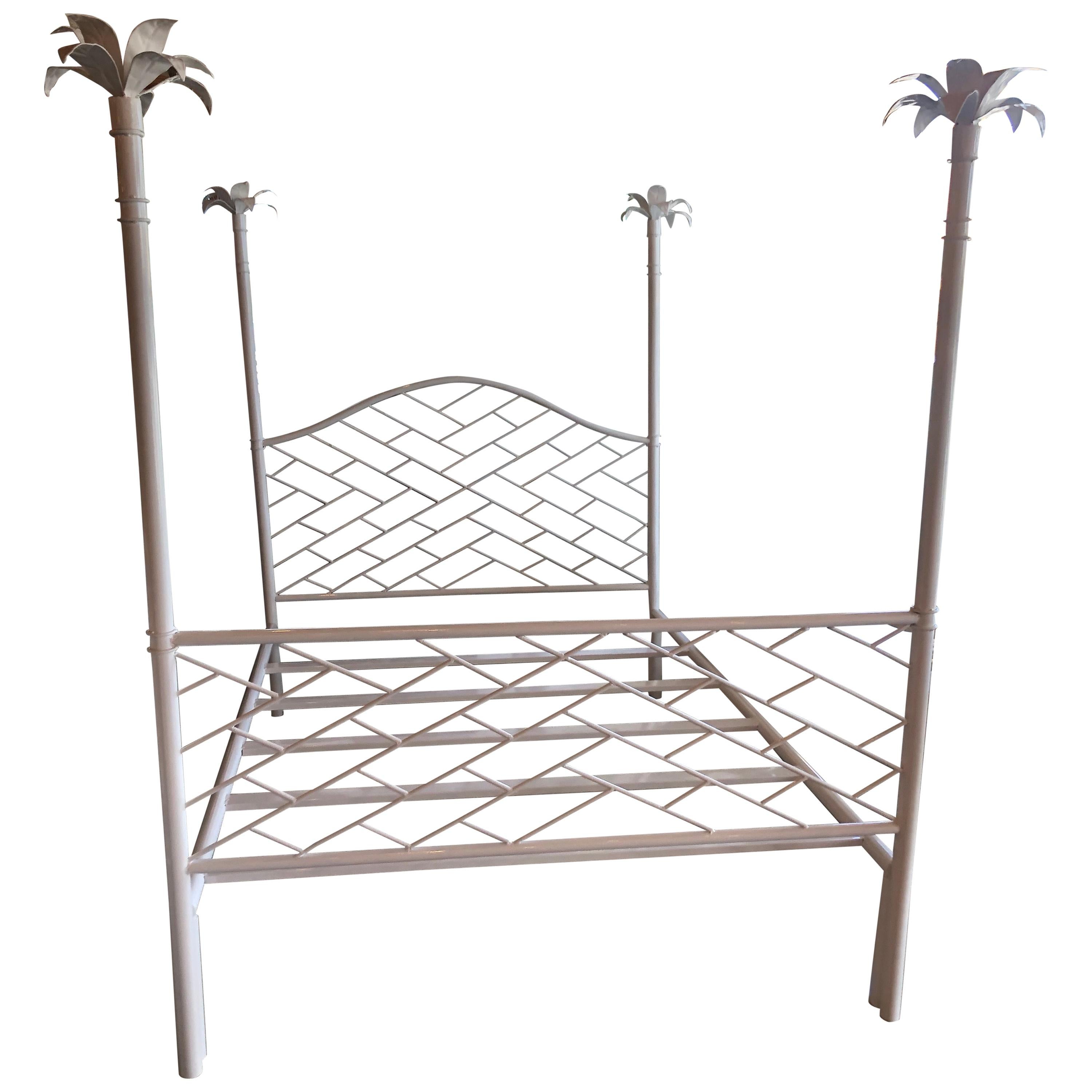 Vintage Chinese Chippendale Palm Tree Leaf Metal Four Poster Queen Full Size Bed