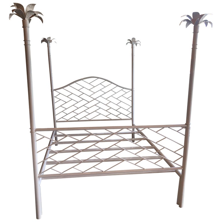 Vintage Chinese Chippendale Palm Tree Leaf Metal Four Poster Queen Full