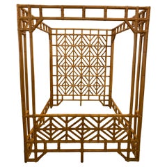 Retro Chinese Chippendale Rattan Bamboo Canopy Bed Headboard Queen Palm Beach