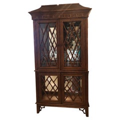 Vintage Chinese Chippendale Rattan Bamboo Pagoda Greek Key Display Cabinet