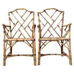 Vintage Chinese Chippendale Rattan Dining Chairs - A Pair