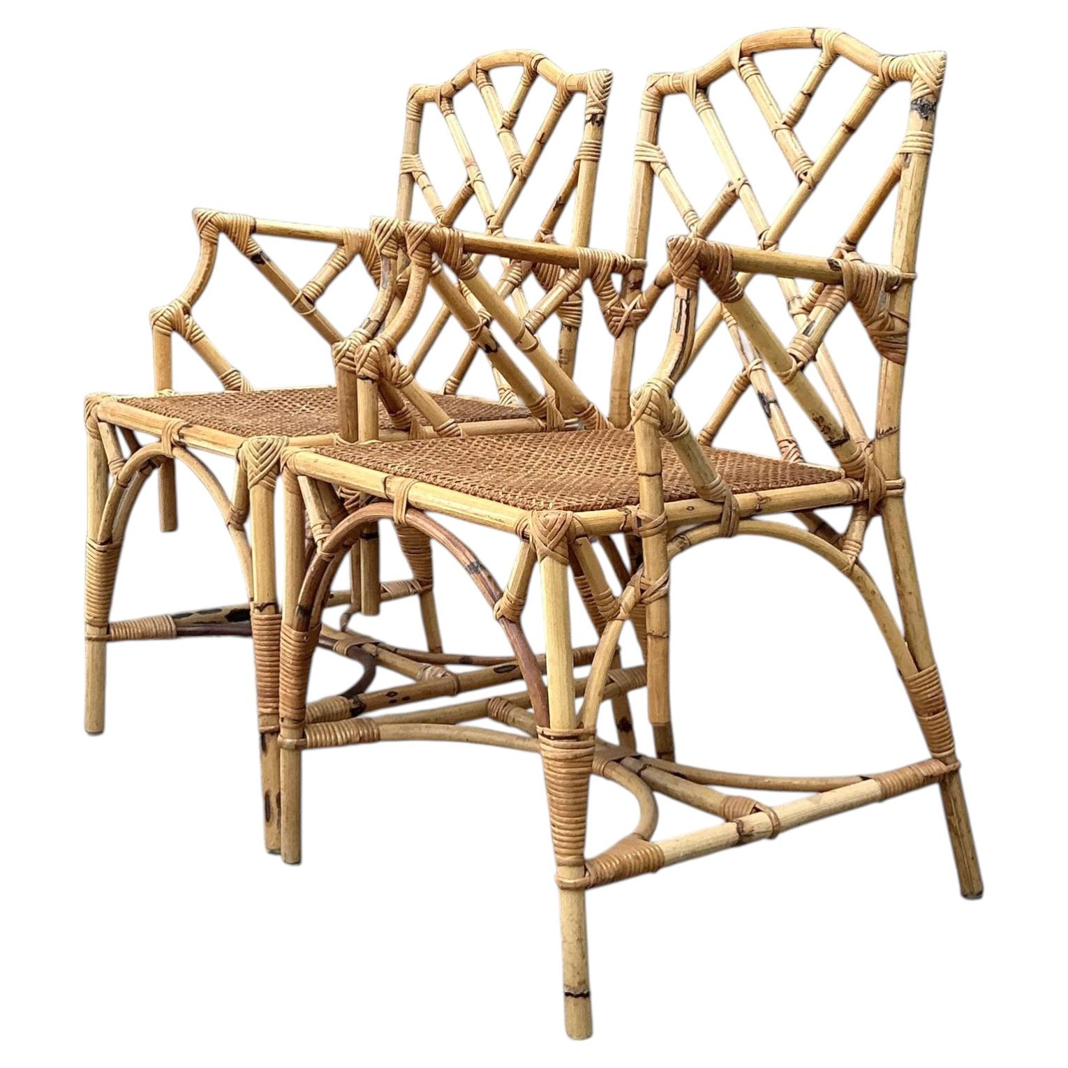 Vintage Chinese Chippendale Rattan Dining Chairs