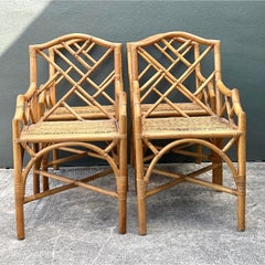 Vintage Chinese Chippendale Rattan Dining Chairs - Set of 4