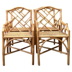 Vintage Chinese Chippendale Rattan Dining Chairs - Set of 4