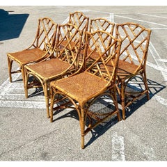 Vintage Chinese Chippendale Rattan Dining Chairs - Set Of 6