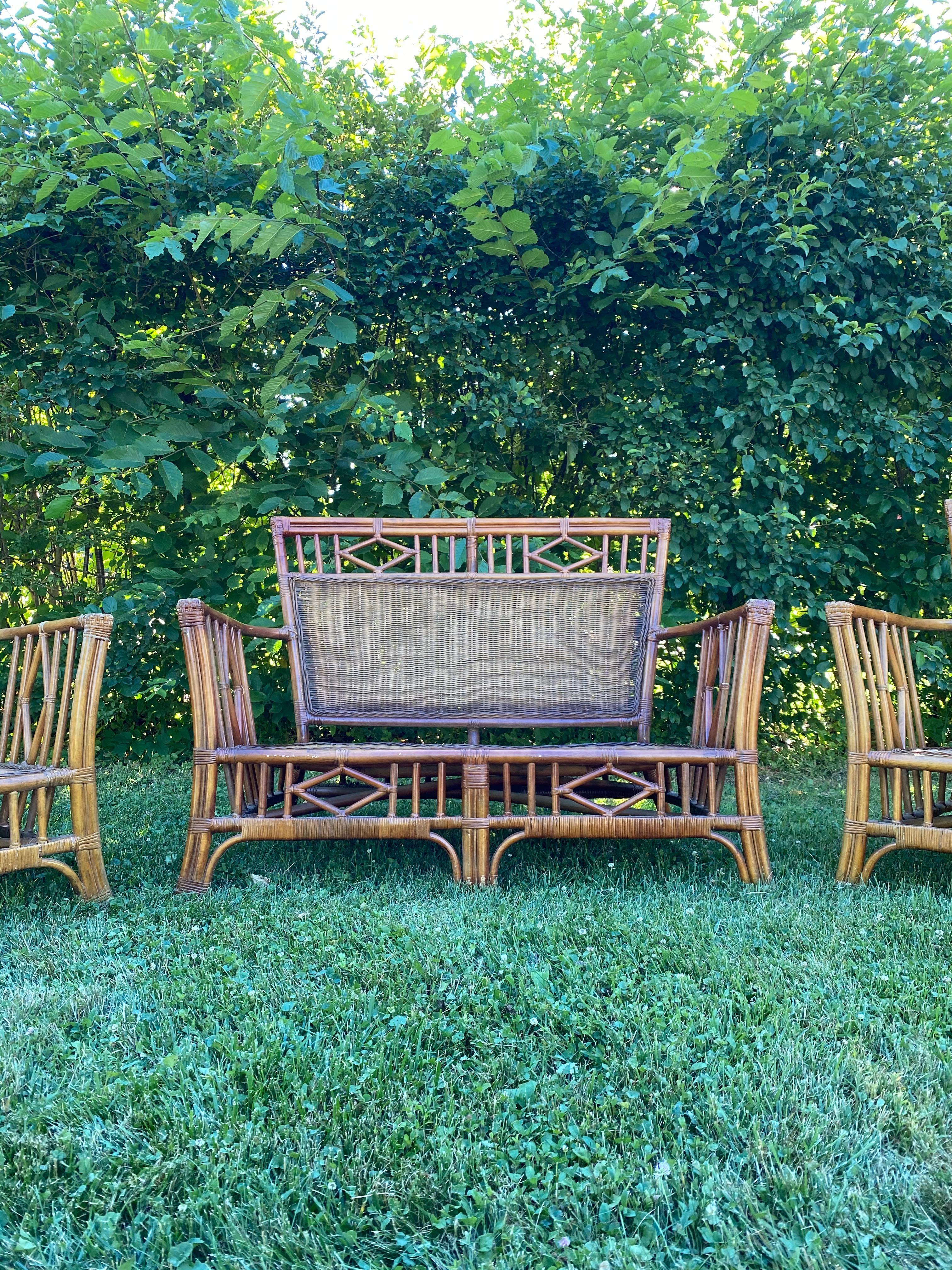 Vintage Chinese Chippendale Rattan Sette with Matching Chairs 11