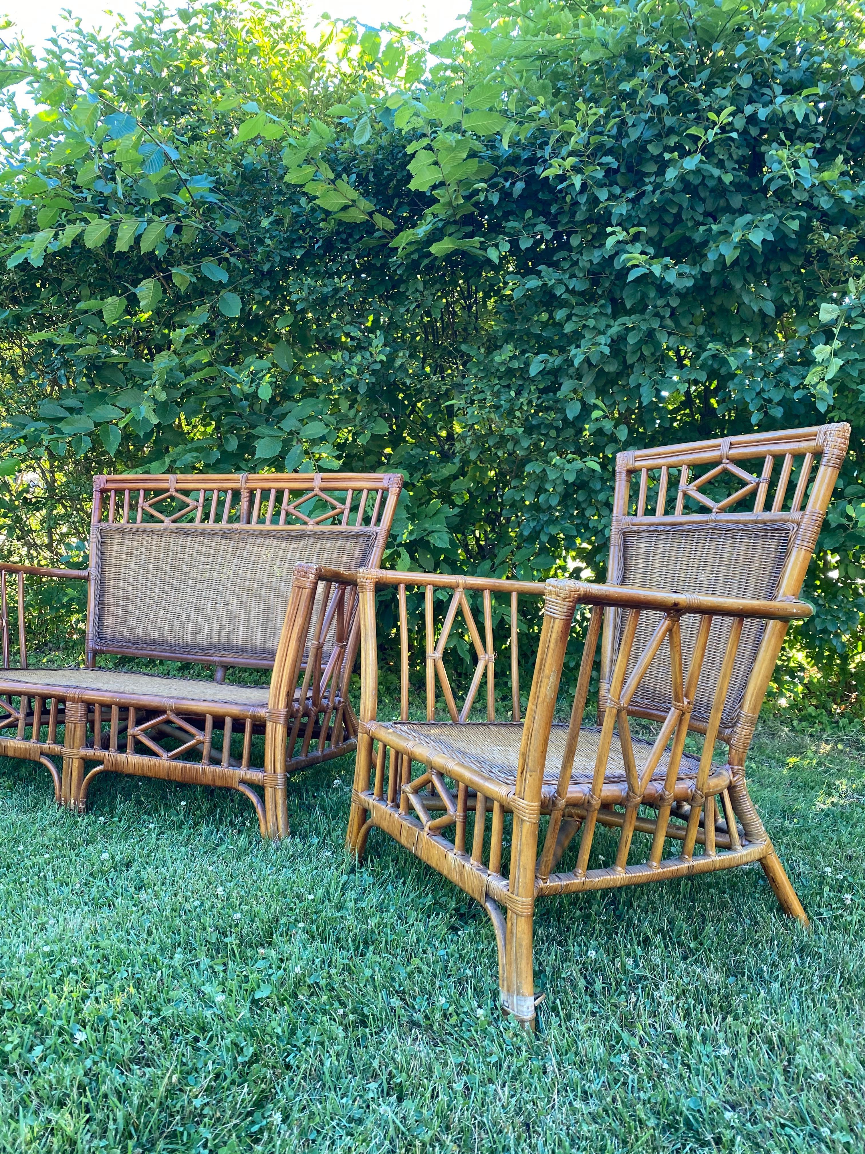 Vintage Chinese Chippendale Rattan Sette with Matching Chairs 12