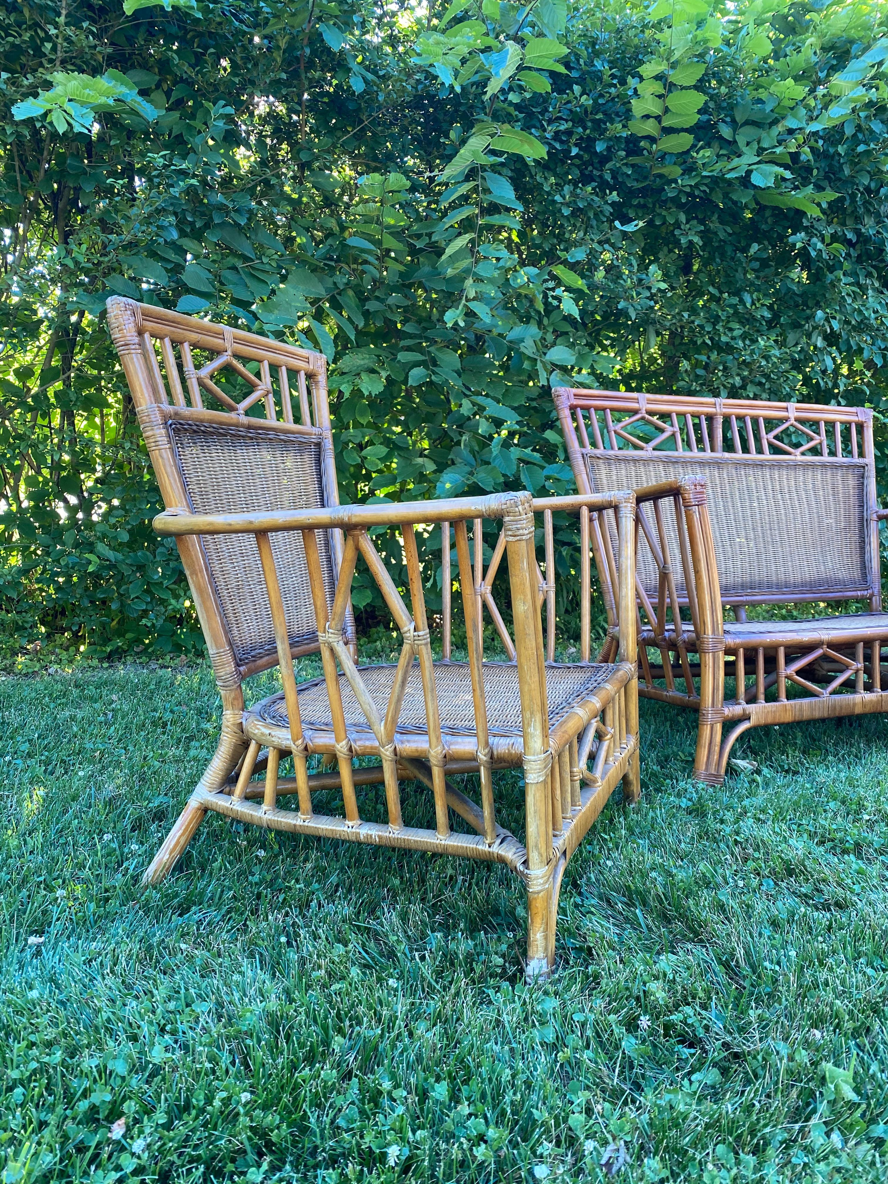 Bamboo Vintage Chinese Chippendale Rattan Sette with Matching Chairs
