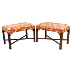 Vintage Chinese Chippendale Style Carved Mahogany Fretwork Bench Stool - Pair