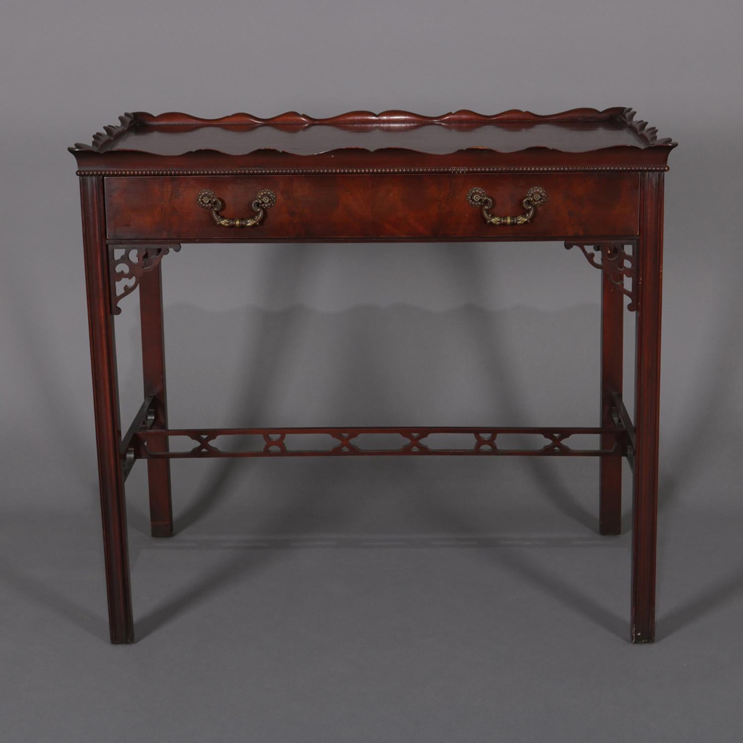 Vintage Chinese Chippendale Style Flame Mahogany Single Drawer Lamp Table 1