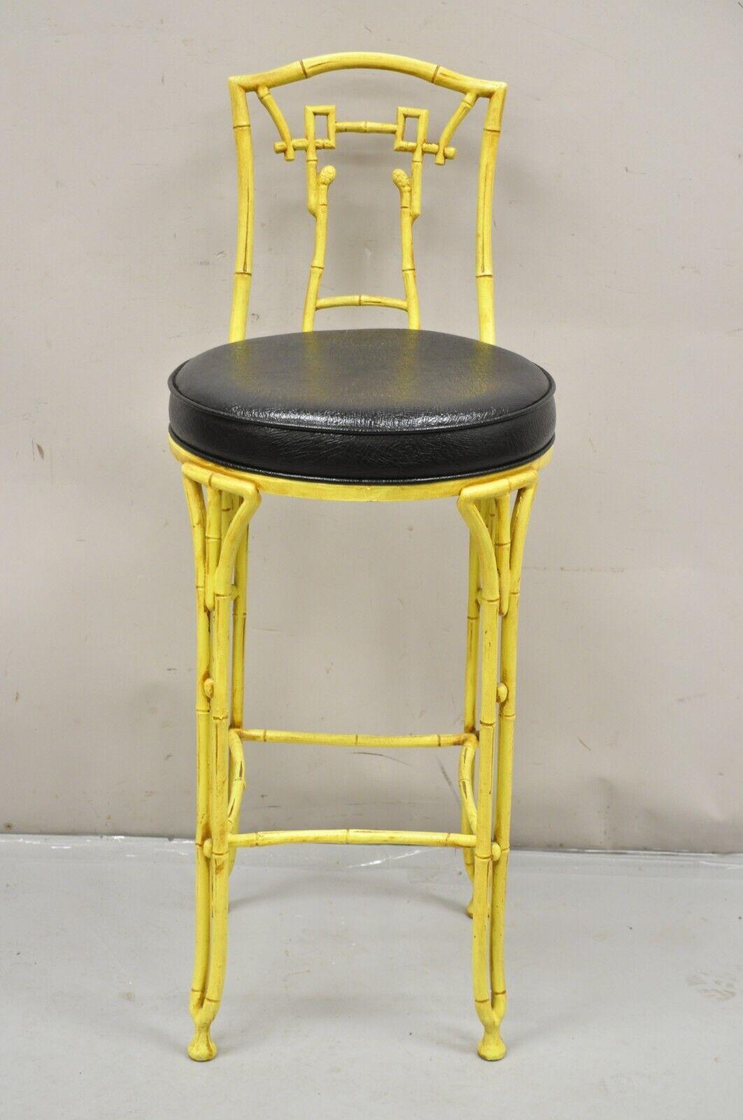 Vintage Chinese Chippendale Yellow Faux Bamboo Cast Aluminum Barstool. Circa Late 20th Century. Measurements: 41