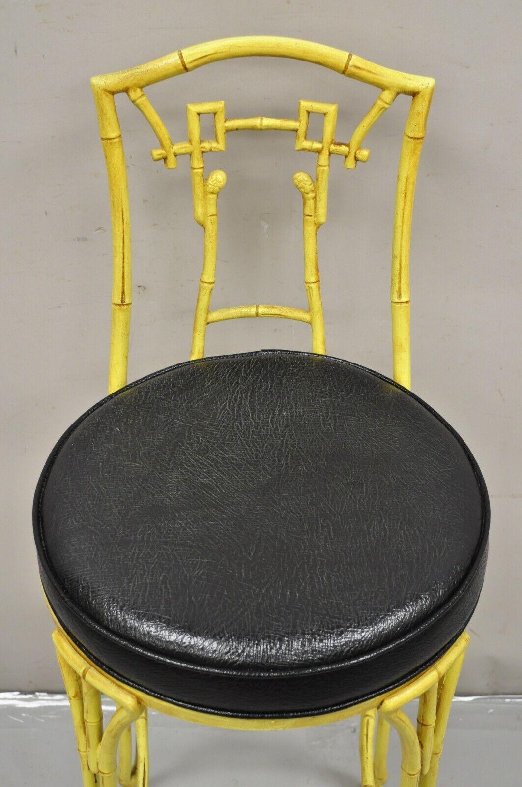 20th Century Vintage Chinese Chippendale Yellow Faux Bamboo Cast Aluminum Barstool Stool For Sale