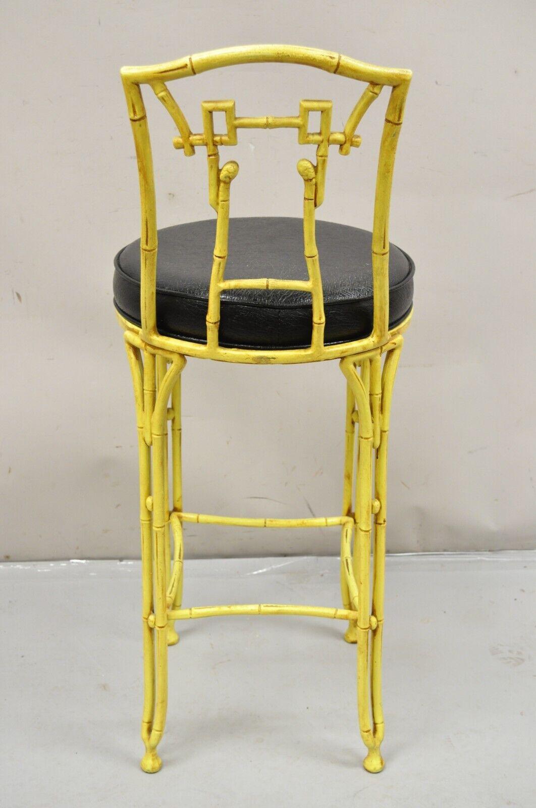 Vintage Chinese Chippendale Yellow Faux Bamboo Cast Aluminum Barstool Stool For Sale 3