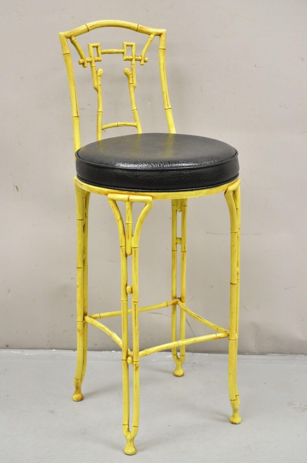 Vintage Chinese Chippendale Yellow Faux Bamboo Cast Aluminum Barstool Stool For Sale 4
