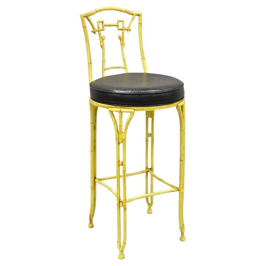 Vintage Chinese Chippendale Yellow Faux Bamboo Cast Aluminum Barstool Stool For Sale