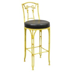 Retro Chinese Chippendale Yellow Faux Bamboo Cast Aluminum Barstool Stool