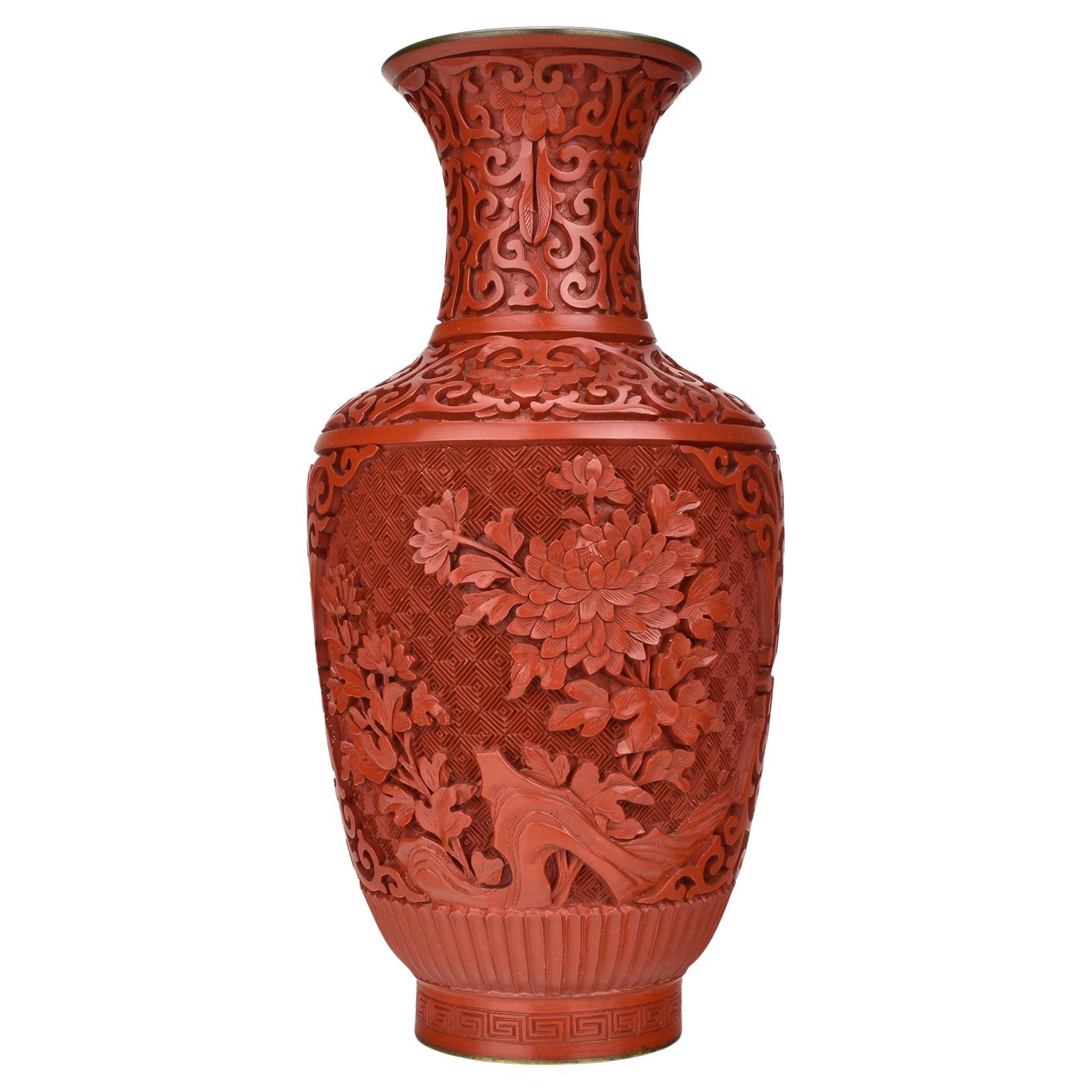 Vintage Chinese Cinnabar Carved Lacquer Vase with Floral
Bird Motifs
