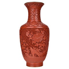 Vintage Chinese Cinnabar Carved Lacquer Vase with Floral 
Bird Motifs