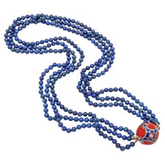 Vintage Chinese Cinnabar Cloisonne Lapis Beaded Multi-Strand Statement Necklace