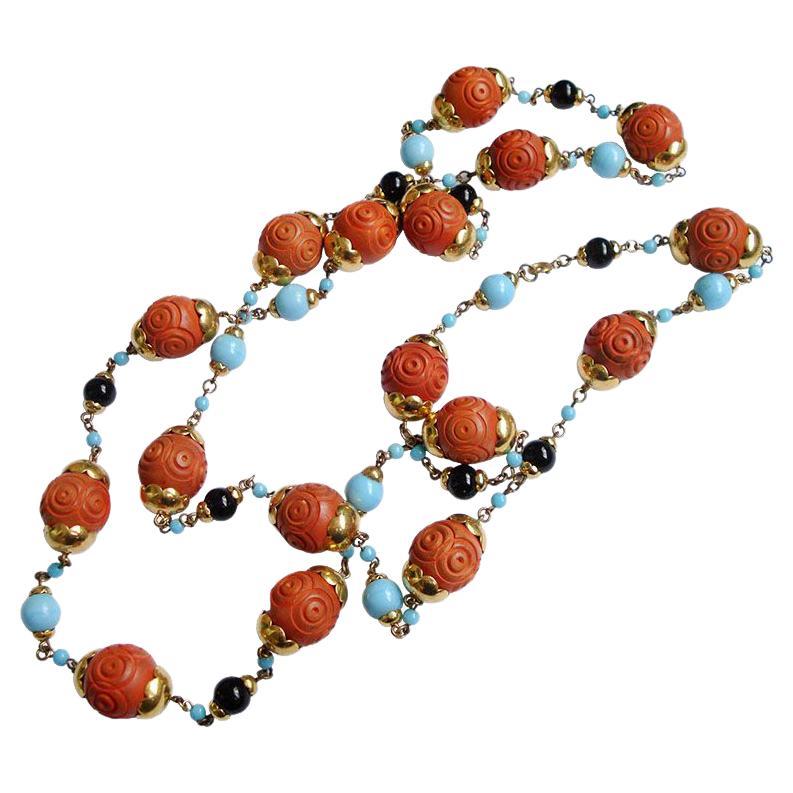 Vintage Chinese Cinnabar, Porcelain, Glass and Brass Beads Necklace For
