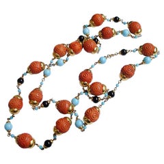 Vintage Chinese Cinnabar, Porcelain, Glass and Brass Beads Necklace