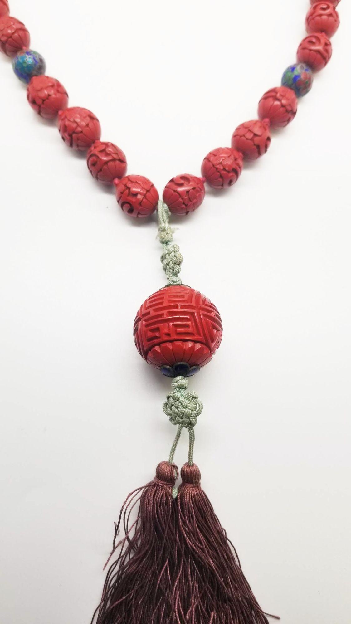 Vintage Chinese Cinnabar Shou Pendant Beaded Necklace and Matching Earrings. For Sale 5