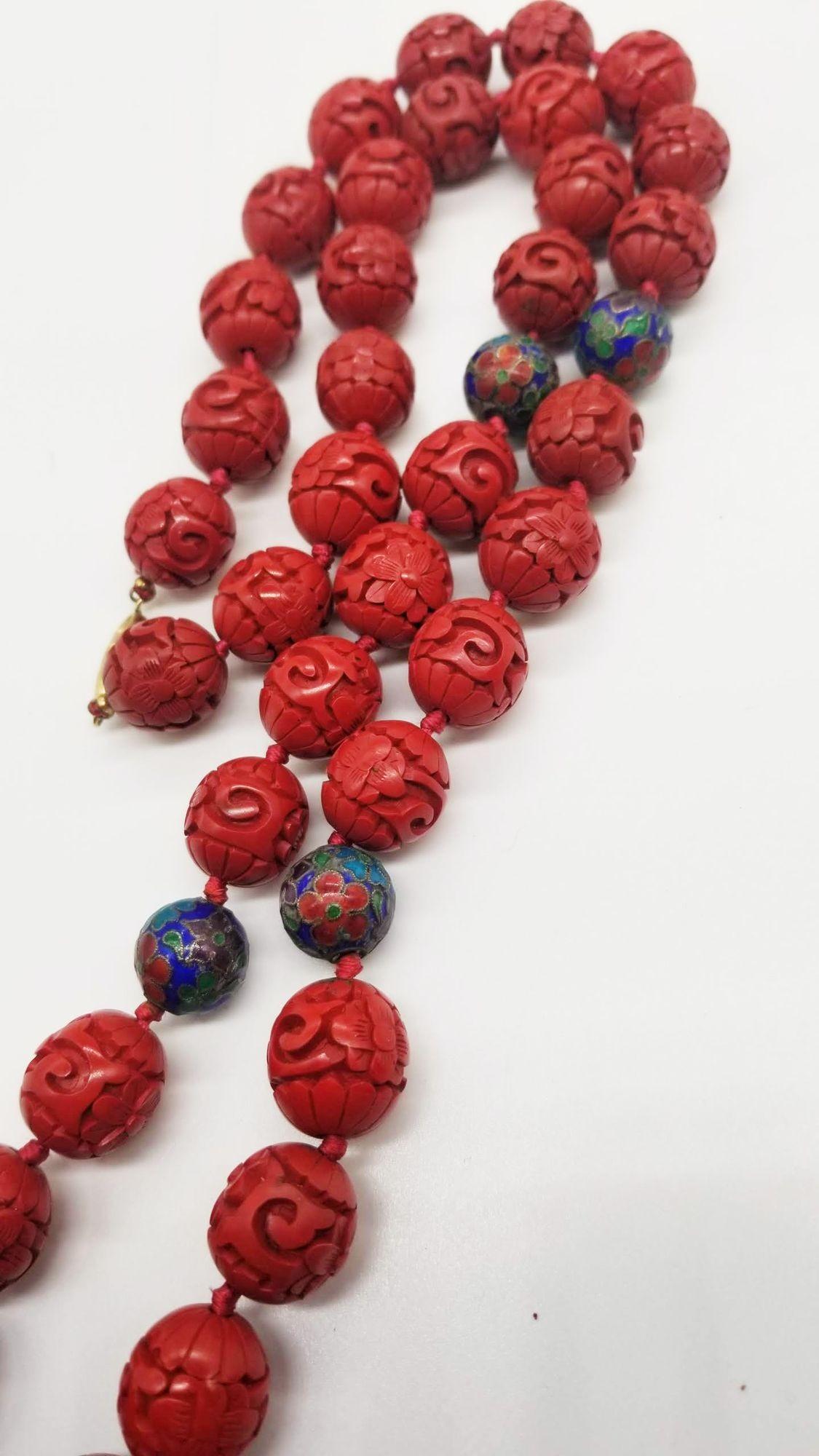 Mid-20th Century Vintage Chinese Cinnabar Shou Pendant Beaded Necklace and Matching Earrings. For Sale