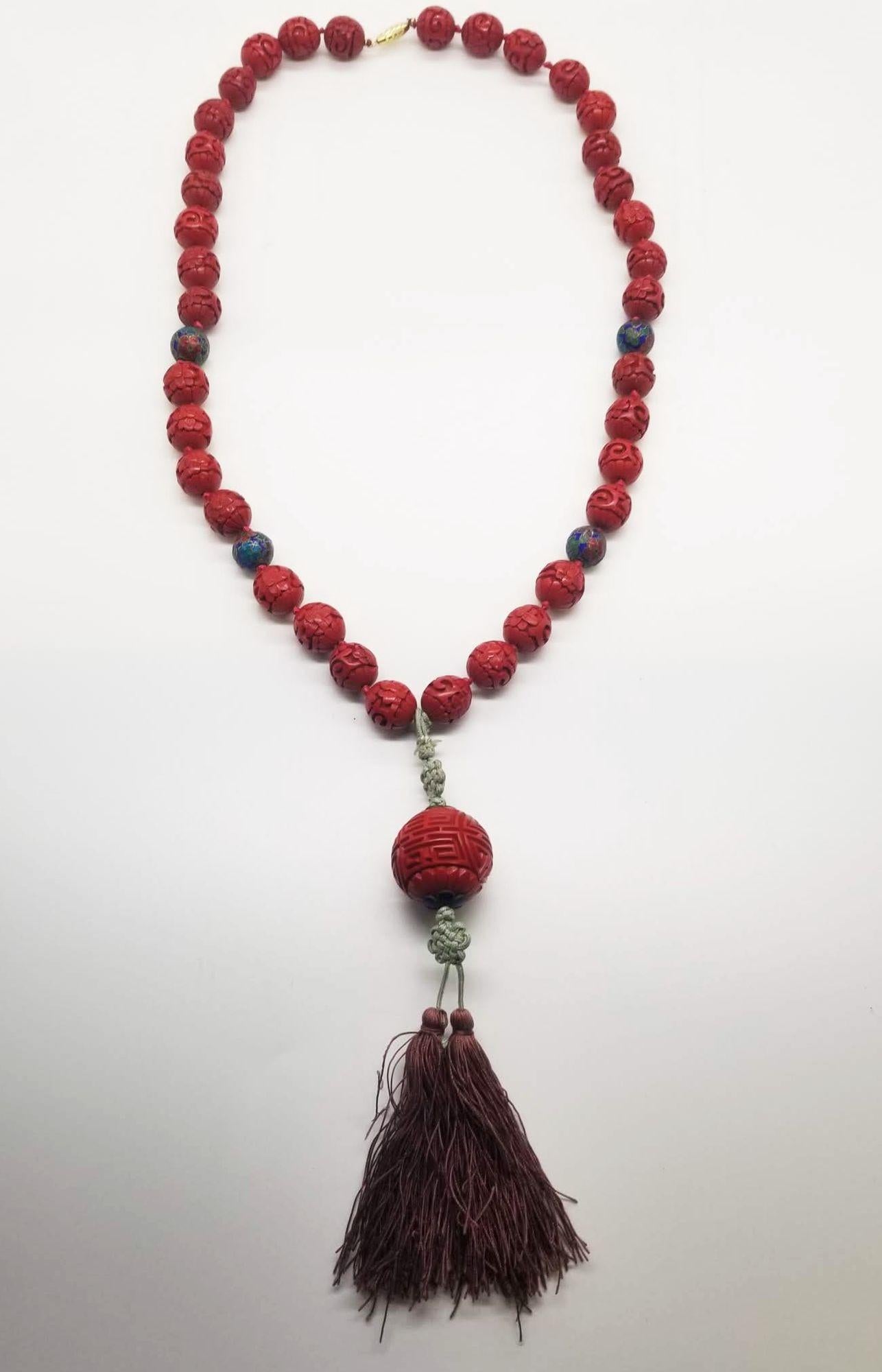 Vintage Chinese Cinnabar Shou Pendant Beaded Necklace and Matching Earrings. For Sale 3