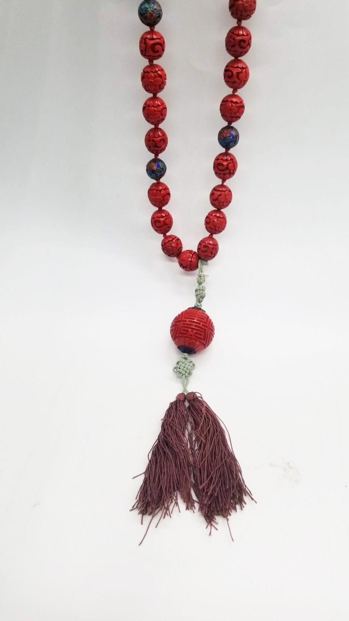 Vintage Chinese Cinnabar Shou Pendant Beaded Necklace and Matching Earrings. For Sale 4