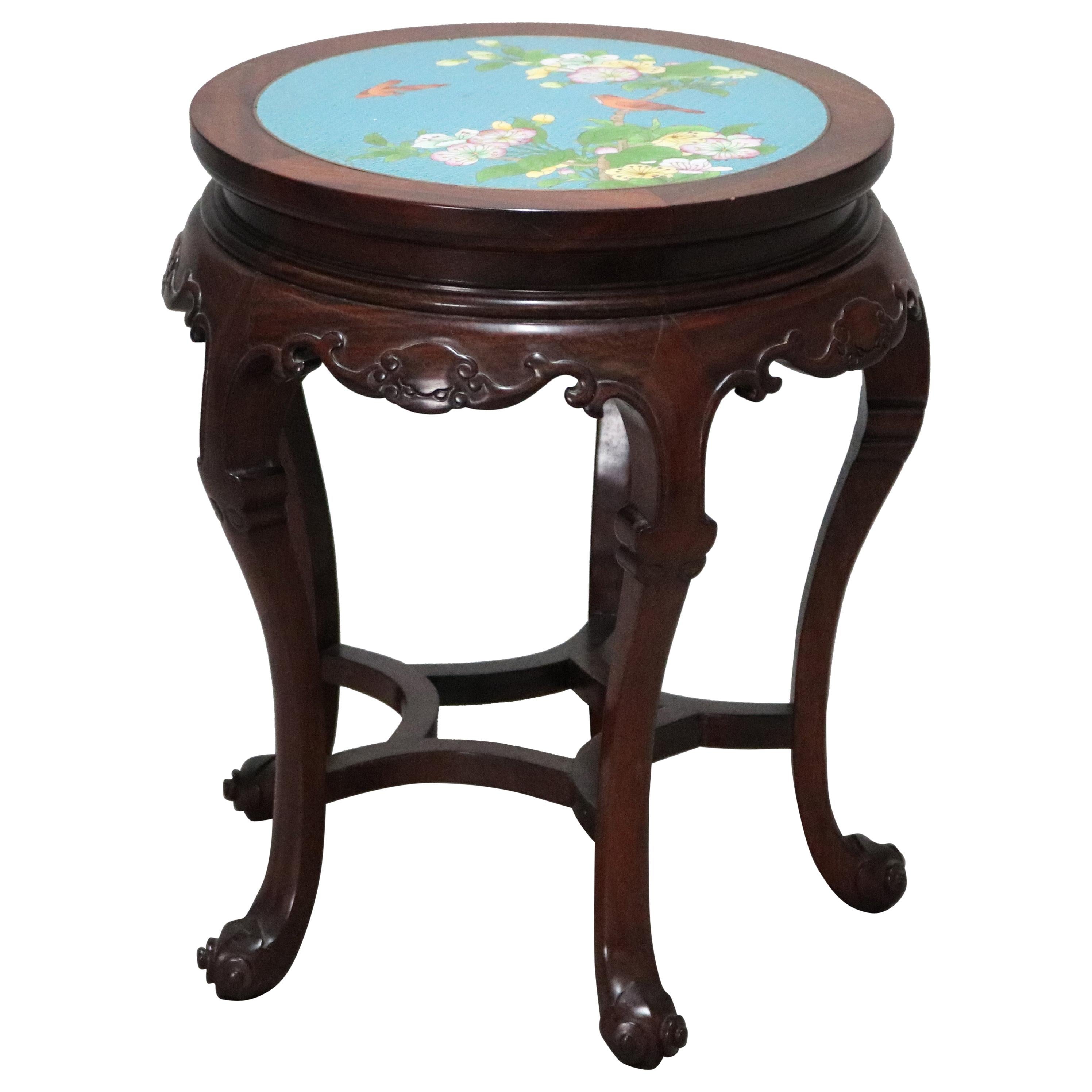 Vintage Chinese Cloisonné and Carved Mahogany Low Table, 20th Century