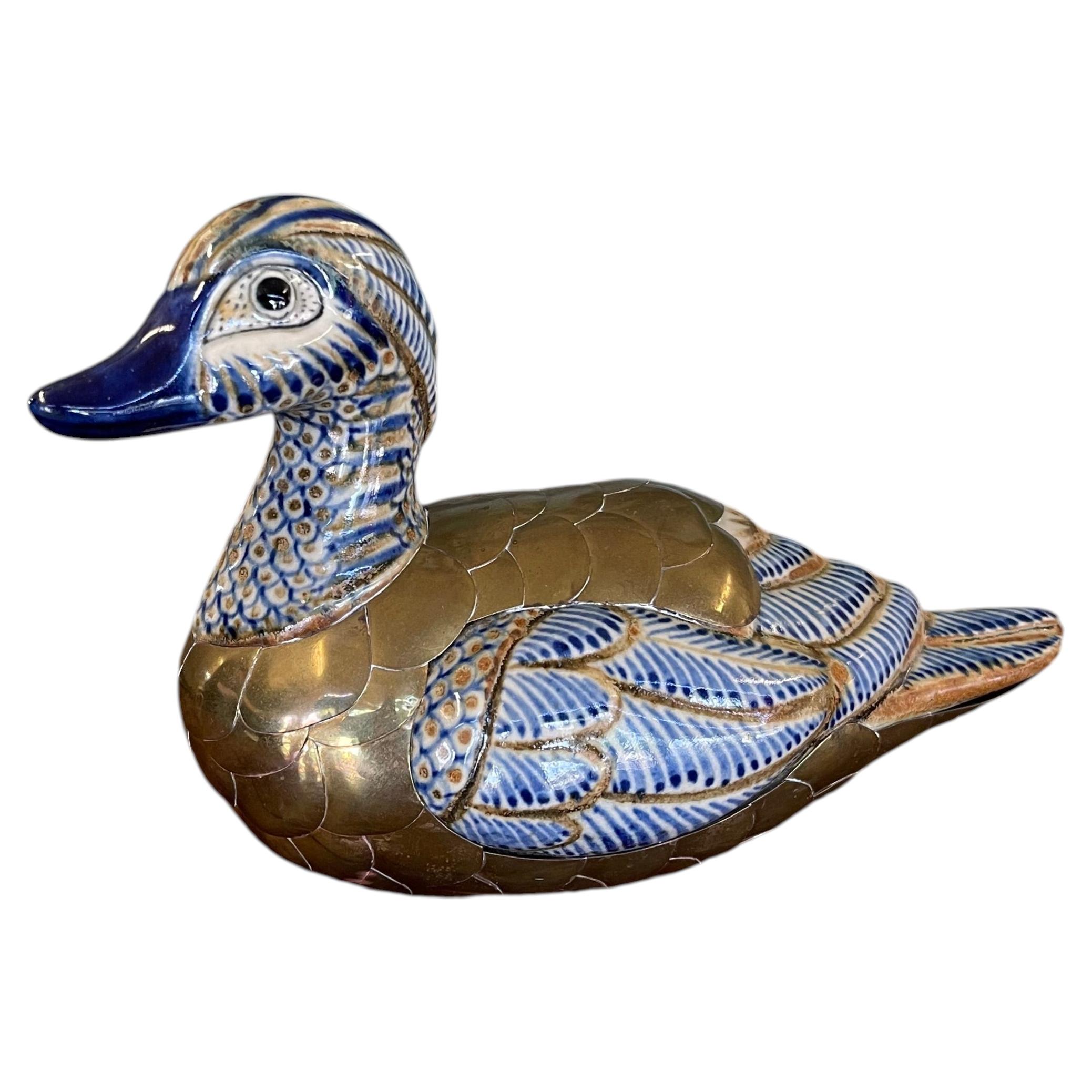 Vintage Chinese Cloisonné and Ceramic Duck Figurine with Hand-Painted Detailing