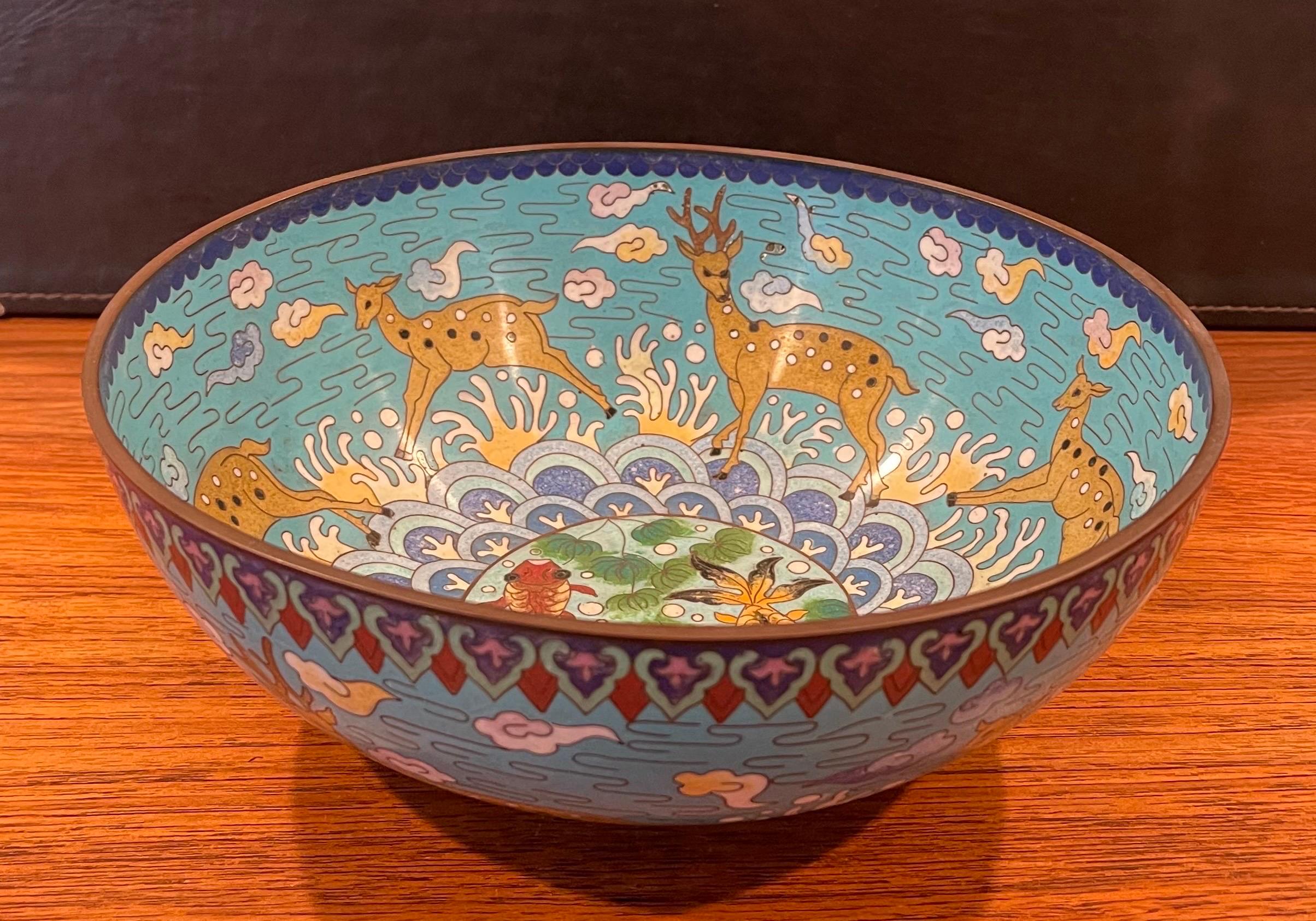 Vintage Chinese Cloisonné Bowl with Deer and Koi Motif For Sale 7