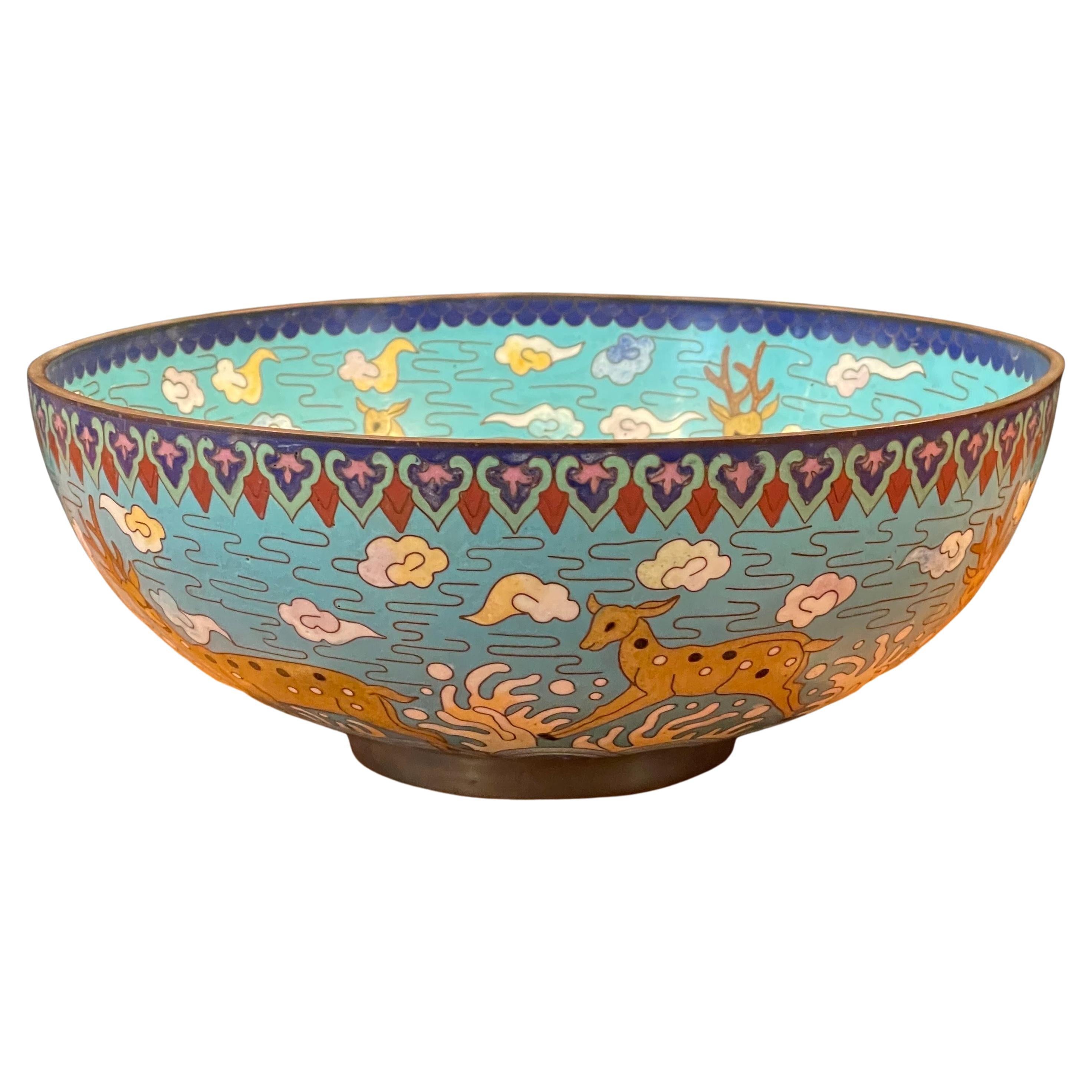 Chinoiserie Vintage Chinese Cloisonné Bowl with Deer and Koi Motif For Sale