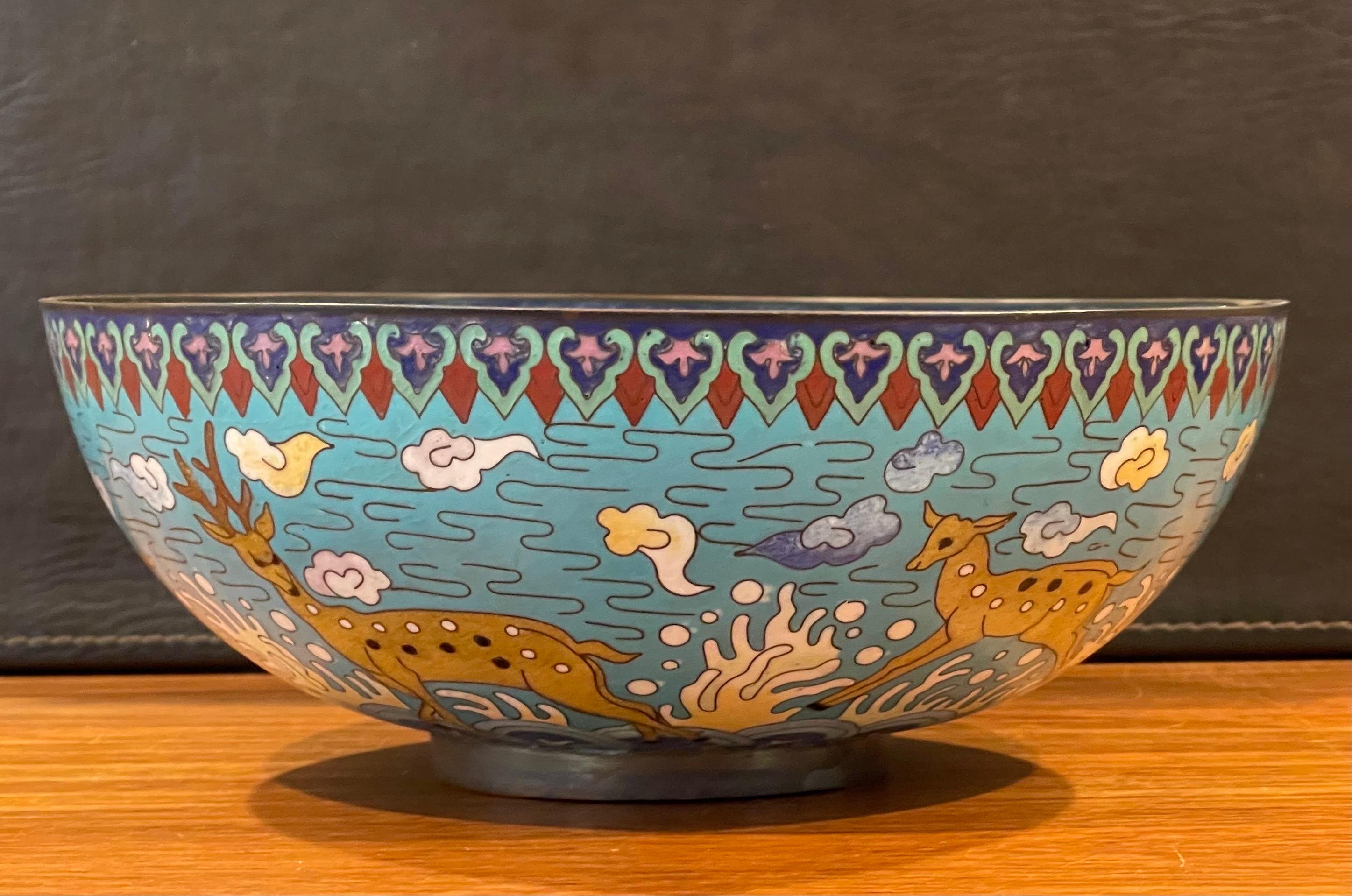 Vintage Chinese Cloisonné Bowl with Deer and Koi Motif In Good Condition For Sale In San Diego, CA