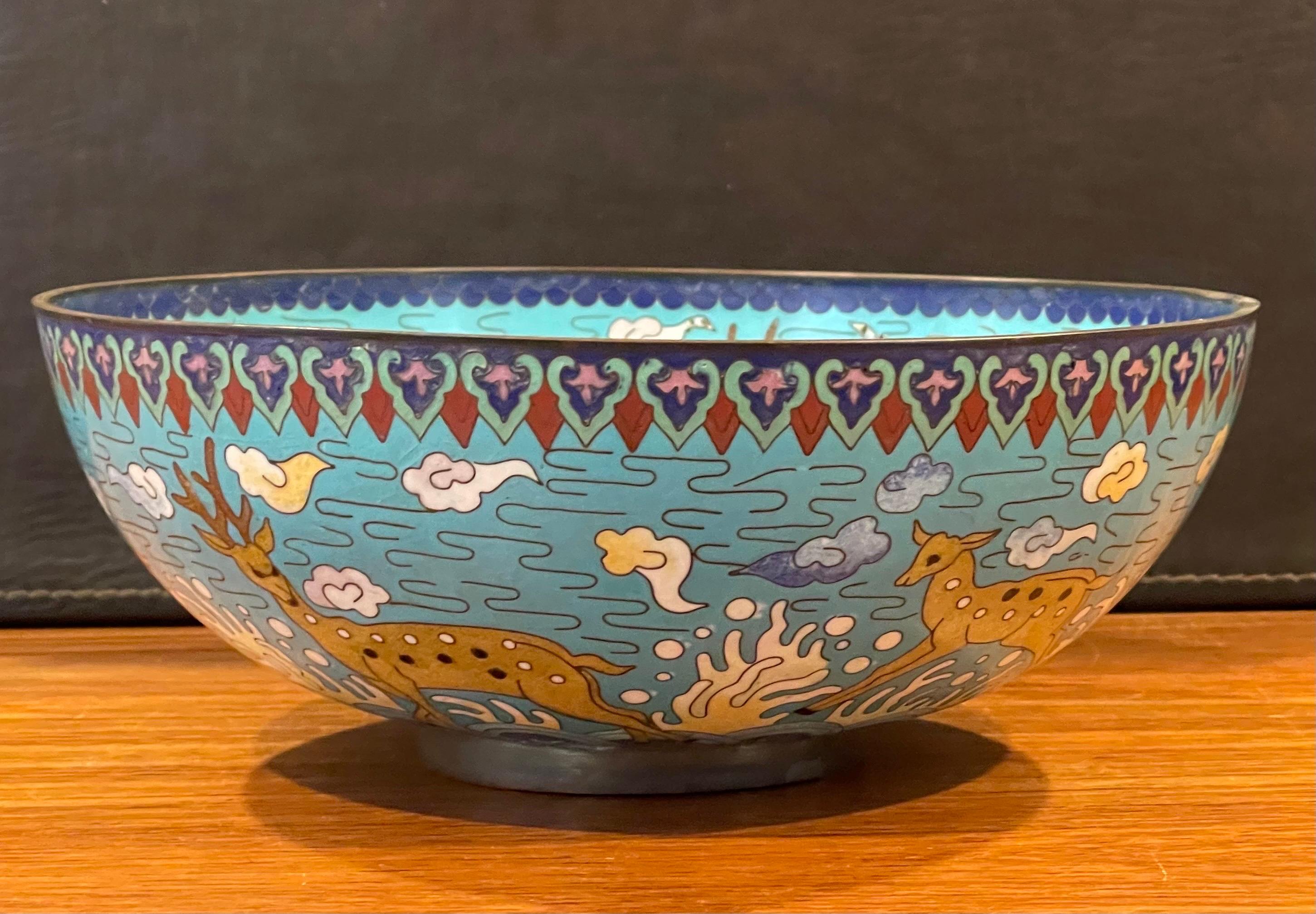 20th Century Vintage Chinese Cloisonné Bowl with Deer and Koi Motif For Sale