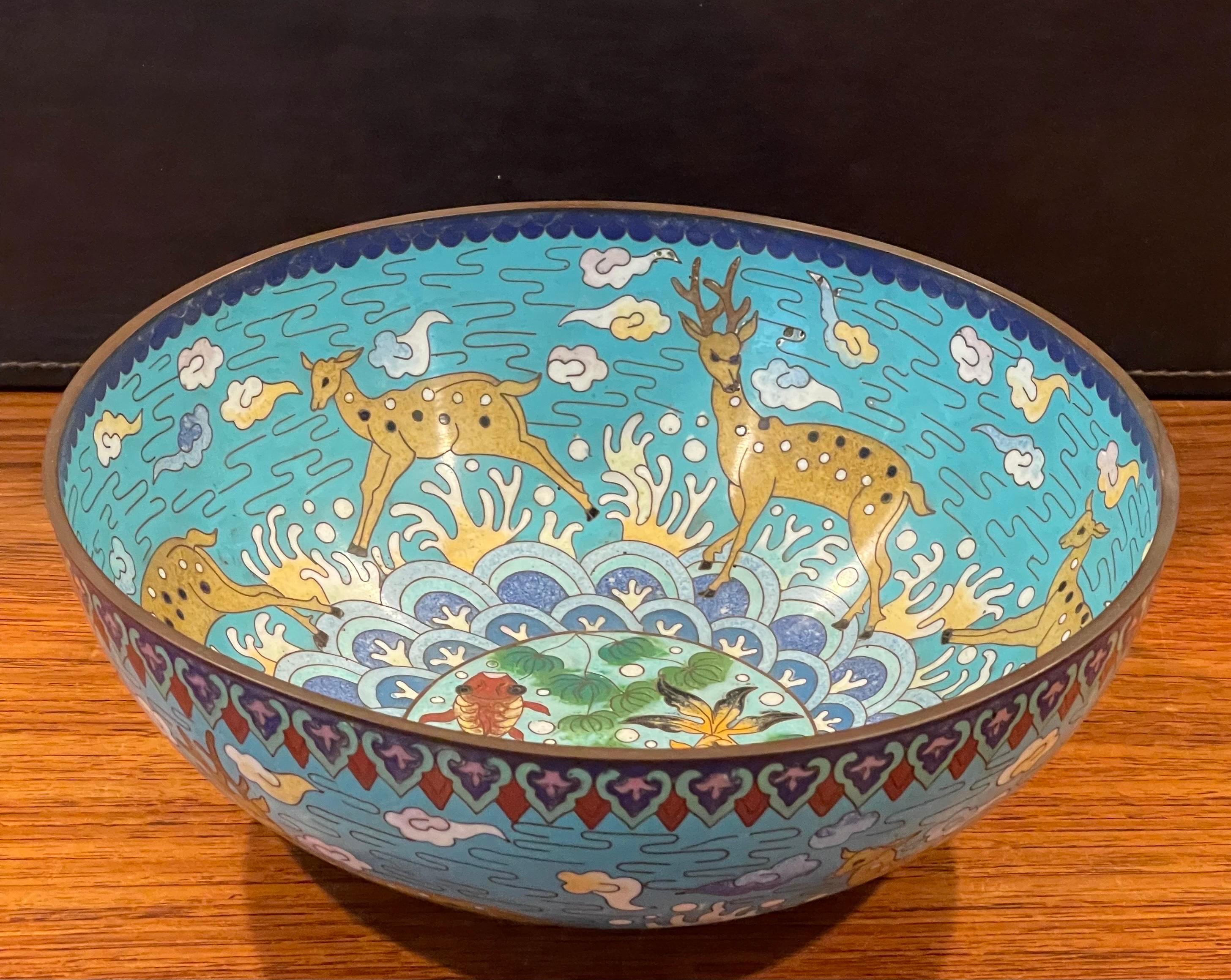 Brass Vintage Chinese Cloisonné Bowl with Deer and Koi Motif For Sale