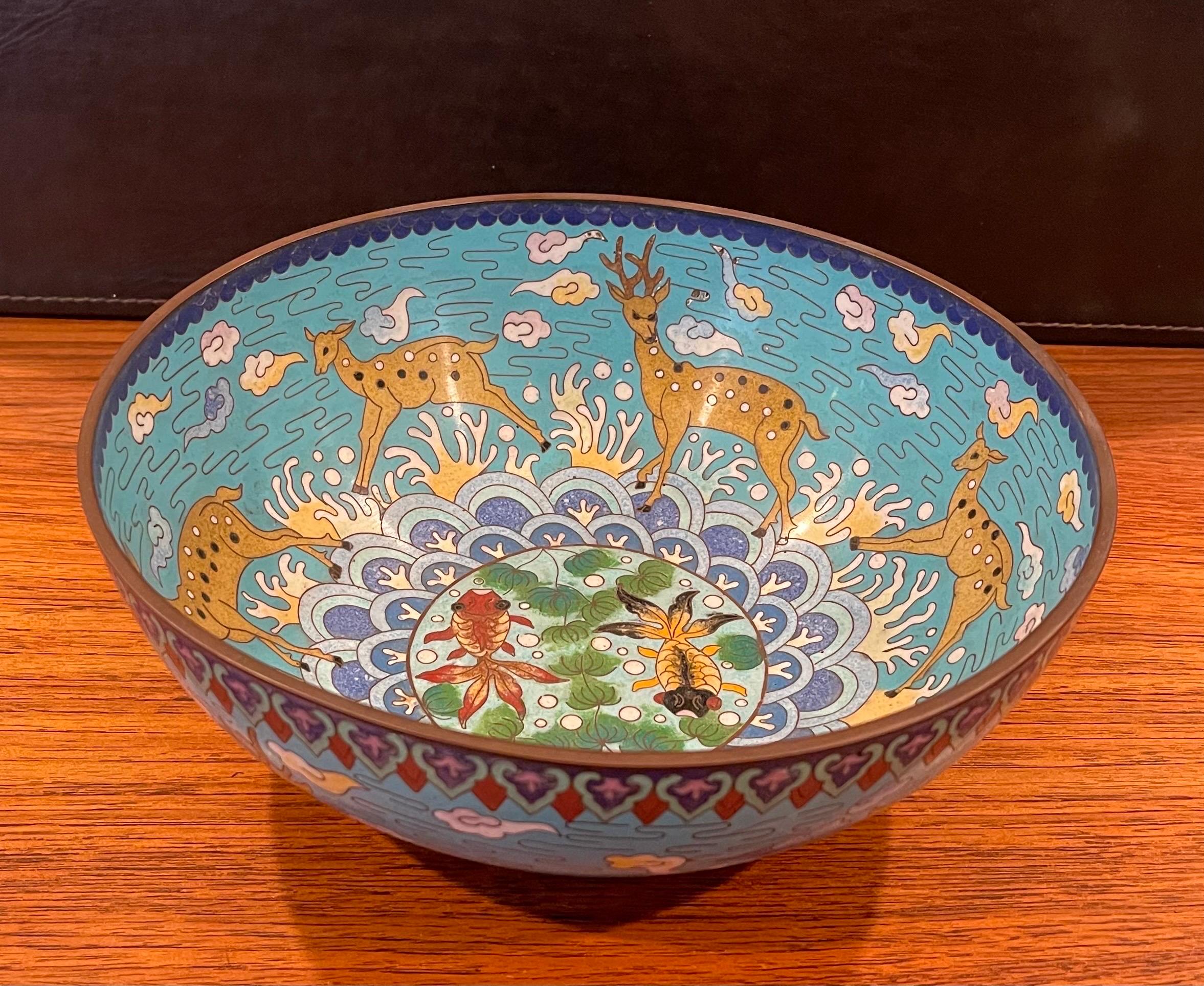 Vintage Chinese Cloisonné Bowl with Deer and Koi Motif For Sale 1