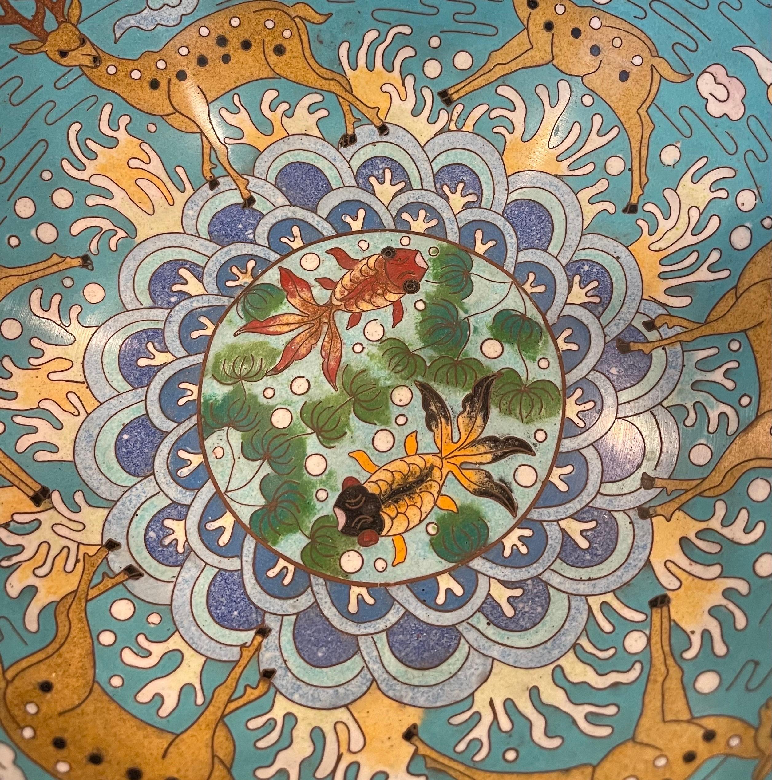 Vintage Chinese Cloisonné Bowl with Deer and Koi Motif For Sale 2