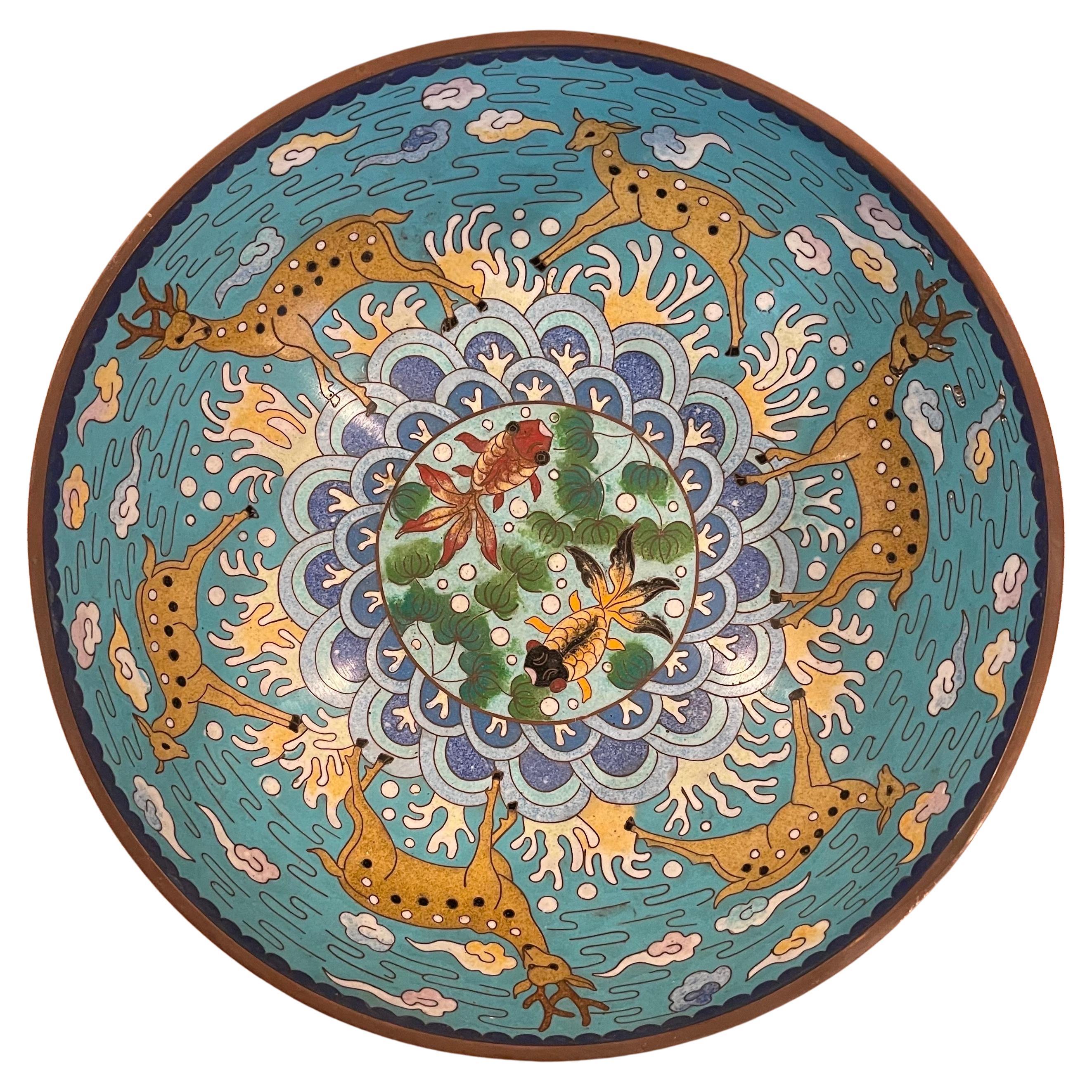 Vintage Chinese Cloisonné Bowl with Deer and Koi Motif For Sale