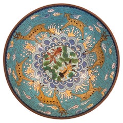 Vintage Chinese Cloisonné Bowl with Deer and Koi Motif