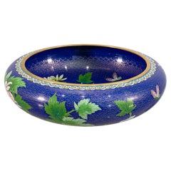 Vintage Chinese Cloisonne Brass Bowl Blue Enamel with Peony Flower Design