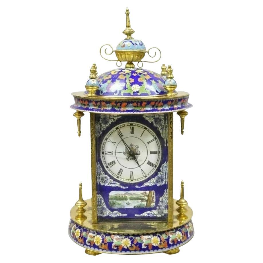 Vintage Chinese Cloisonne Brass Figural Porcelain Enamel Mantel Clock
